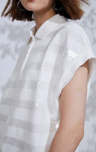 White striped sequin knit polo top with short sleeves and button placket