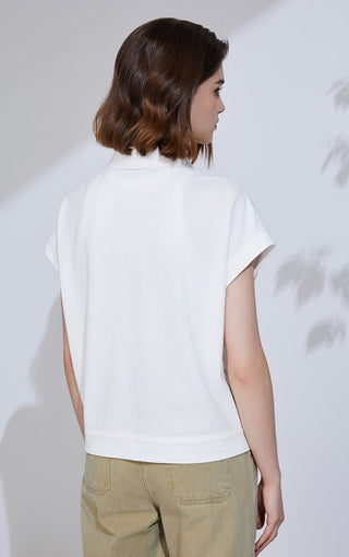 White striped sequin polo knit top, back view with short sleeves and smooth hem