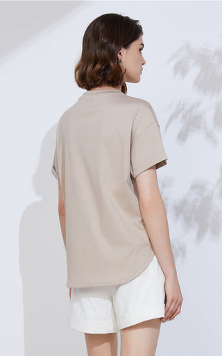 Camel cotton-blend striped sequin knit polo top, side view with short sleeves
