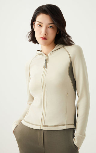 Wool-blend zip hoodie, greige, full front zipper and hood with drawstring