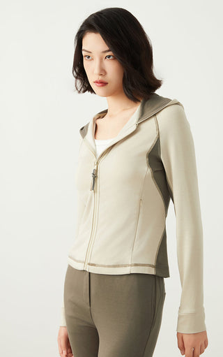 Greige zip hoodie with contrast seam piping and front zipper