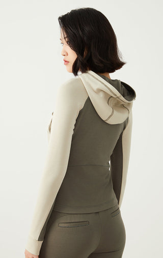 Greige hoodie back view, hood and two-tone panel seams, ribbed cuffs