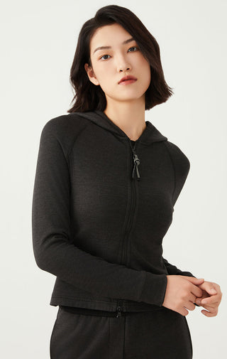 Wool-blend zip hoodie, dark gray, front zipper and hood with drawstring