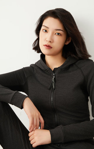 Dark gray zip hoodie close-up, front zipper and hood drawstring
