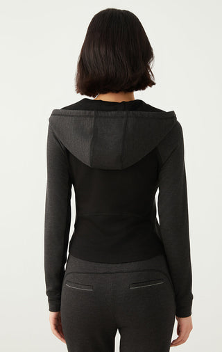 Dark gray hoodie back view, hood with drawstring and rear seam details