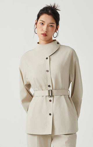 Beige belted wool-linen blend jacket, button front, stand collar, patch pockets