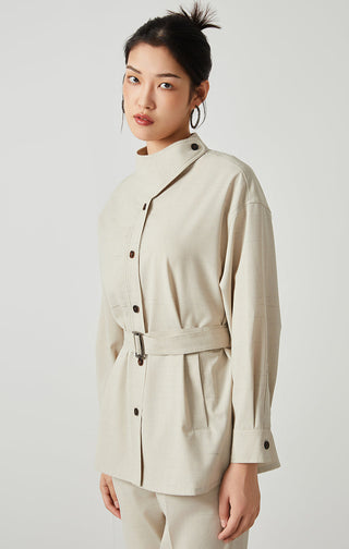 Beige belted jacket with button front and stand collar, long sleeves