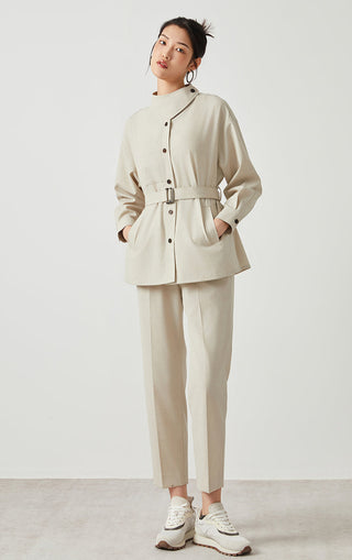 Beige belted jacket with stand collar, button front, patch pockets
