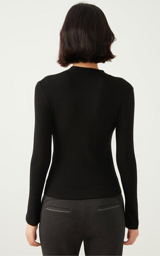 Black Tencel wool V-neck long-sleeve top, back view, tailored seams