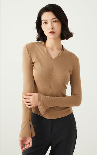 Camel V-neck long-sleeve top, fitted knit, straight seam front