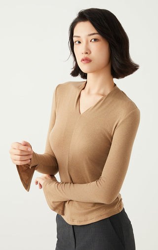 Camel V-neck long-sleeve top with fitted sleeves and ribbed neckline