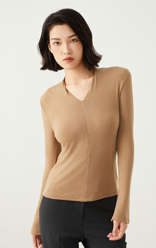 Camel V-neck long-sleeve knit top, front view with smooth seam details