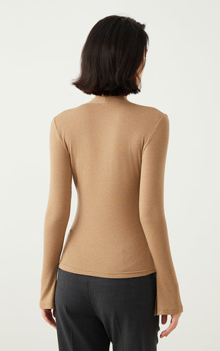 Camel V-neck long-sleeve top, back view with center seam and straight hem