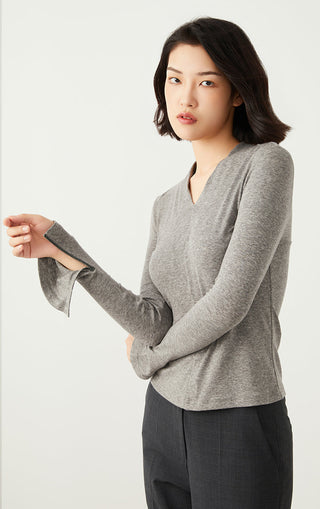 Gray Tencel wool V-neck long-sleeve top with long sleeve coverage and smooth fabric