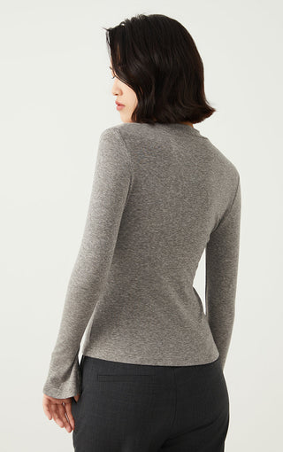 Gray Tencel wool V-neck long-sleeve top, back view, tailored seams and slim fit