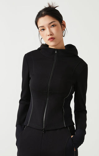 Black zip-front cotton-blend hoodie with hood, long sleeves, and angled side seams