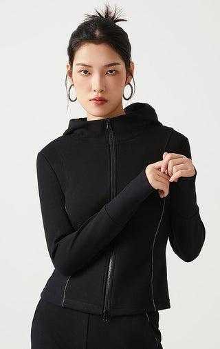Black zip hoodie with hood; close view of front zipper and sleeve cuffs