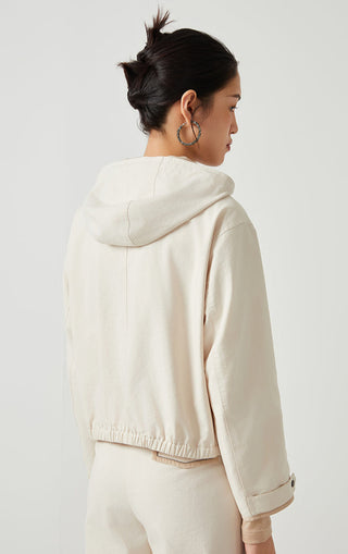 Beige hooded short jacket back view with ribbed hem and long sleeves