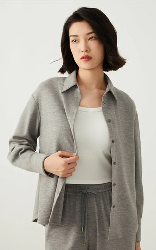 Light gray wool-blend overshirt, pointed collar and button front, worn open