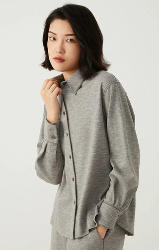 Light gray overshirt with long sleeves, button placket, and stand collar