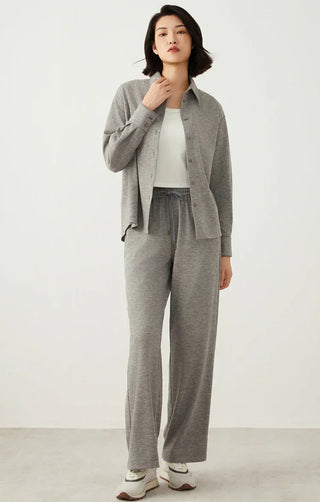 Light gray wool-blend overshirt with button front and pointed collar, full-length view