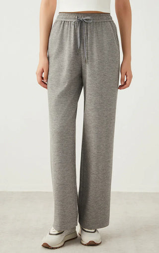 Light gray wool-blend wide-leg pants with drawstring elastic waistband
