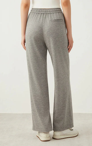 Light gray wide-leg pants with elastic waistband, drawstring, and back patch pocket