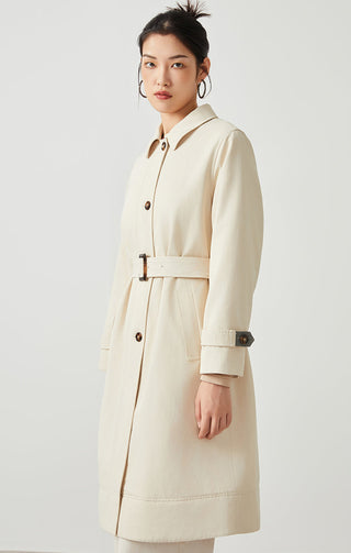 Side view camel coat with self-belt, button placket, and turn-back cuffs