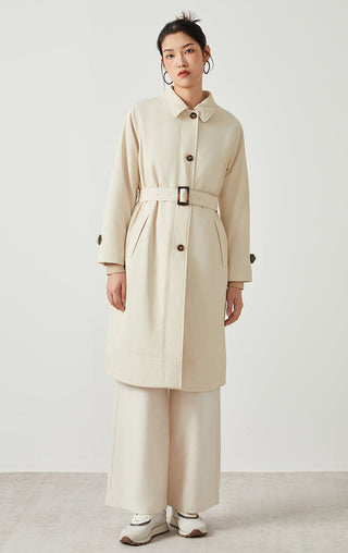 Camel belted mid-length coat over wide-leg pants, button front and wrist tab cuffs