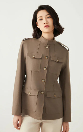 Brown wool-blend utility jacket with button front, flap pockets, and shoulder tabs