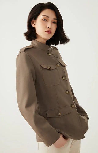 Camel utility jacket with button closure, chest flap pockets, and structured shoulder details