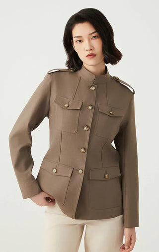 Camel wool-blend utility jacket, front button placket with flap chest pockets