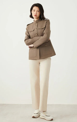 Dark brown utility jacket with button front, flap pockets, and shoulder epaulet tabs