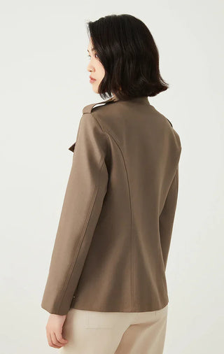 Back view of brown utility jacket with vented seam details and flap-trim shoulder design