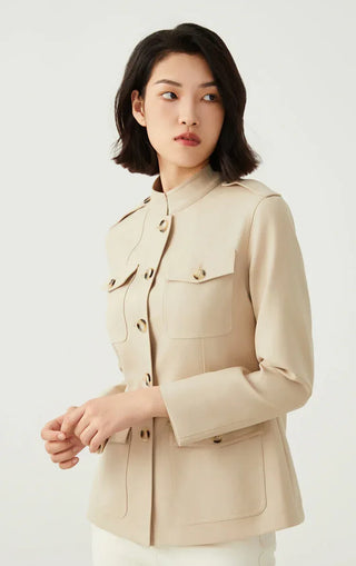 Camel wool-blend utility jacket with high collar, button front, and utility flap pockets