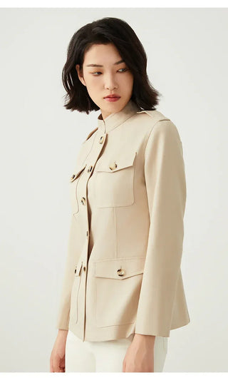 Camel utility jacket front view with flap pockets and centered button closure