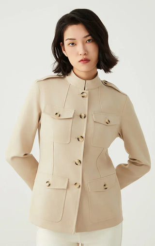 Camel wool-blend utility jacket with button front and multiple flap pockets