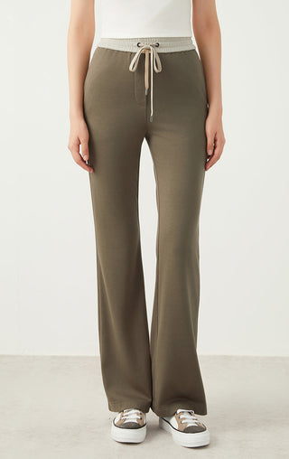 Army green wide-leg pants with drawstring elastic waist and side pockets