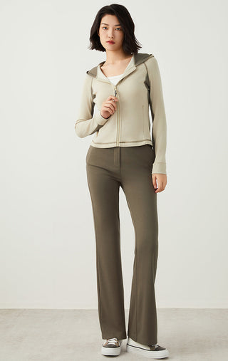 Army green wide-leg drawstring pants with elastic waistband and smooth front
