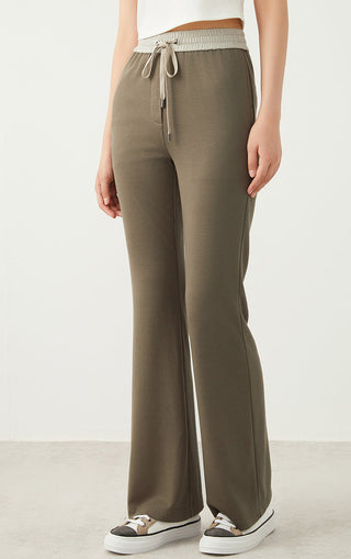 Army green wide-leg drawstring pants, front view with long straight legs