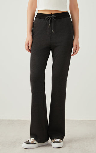 Dark gray wide-leg pants with drawstring elastic waist and side pockets