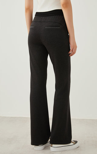 Dark gray wide-leg pants with drawstring elastic waistband and straight wide hem