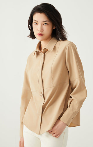 Khaki wool-blend structured shirt with button front and pointed collar