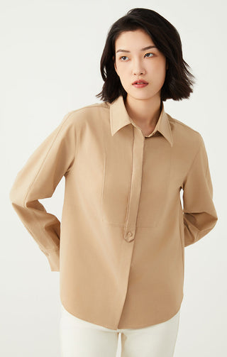 Khaki structured shirt, long sleeves with button cuffs and single chest pocket