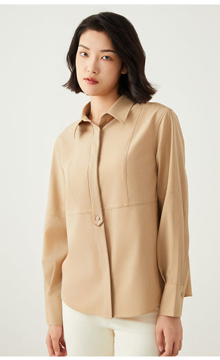 Khaki wool-blend shirt with button placket, curved hem, and tailored seams