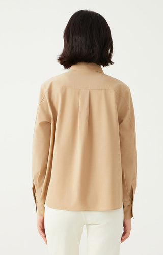 Back view of khaki wool-blend structured shirt with yoke seams and pleats