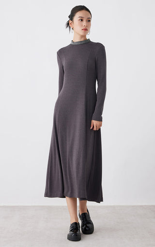 Purple gray long-sleeve midi dress with high neckline and gently flared skirt