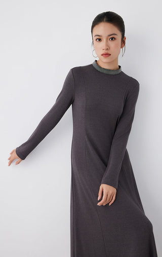 Purple gray long-sleeve midi dress close-up of high neck and smooth bodice