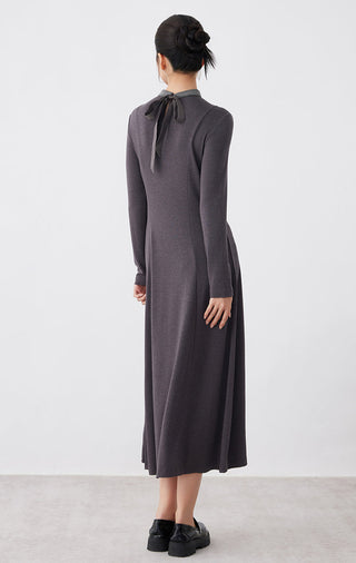 Purple gray long-sleeve midi dress back view with neck-tie detail and seam lines