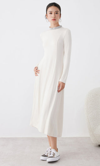 White long-sleeve midi dress, pullover style with high neck and midi skirt